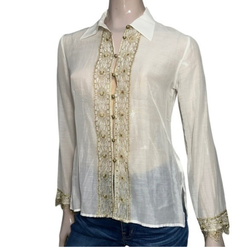 D. Exterior Womens S Ivory Cream Cotton Silk Blend Semi Sheer Button Front Shirt